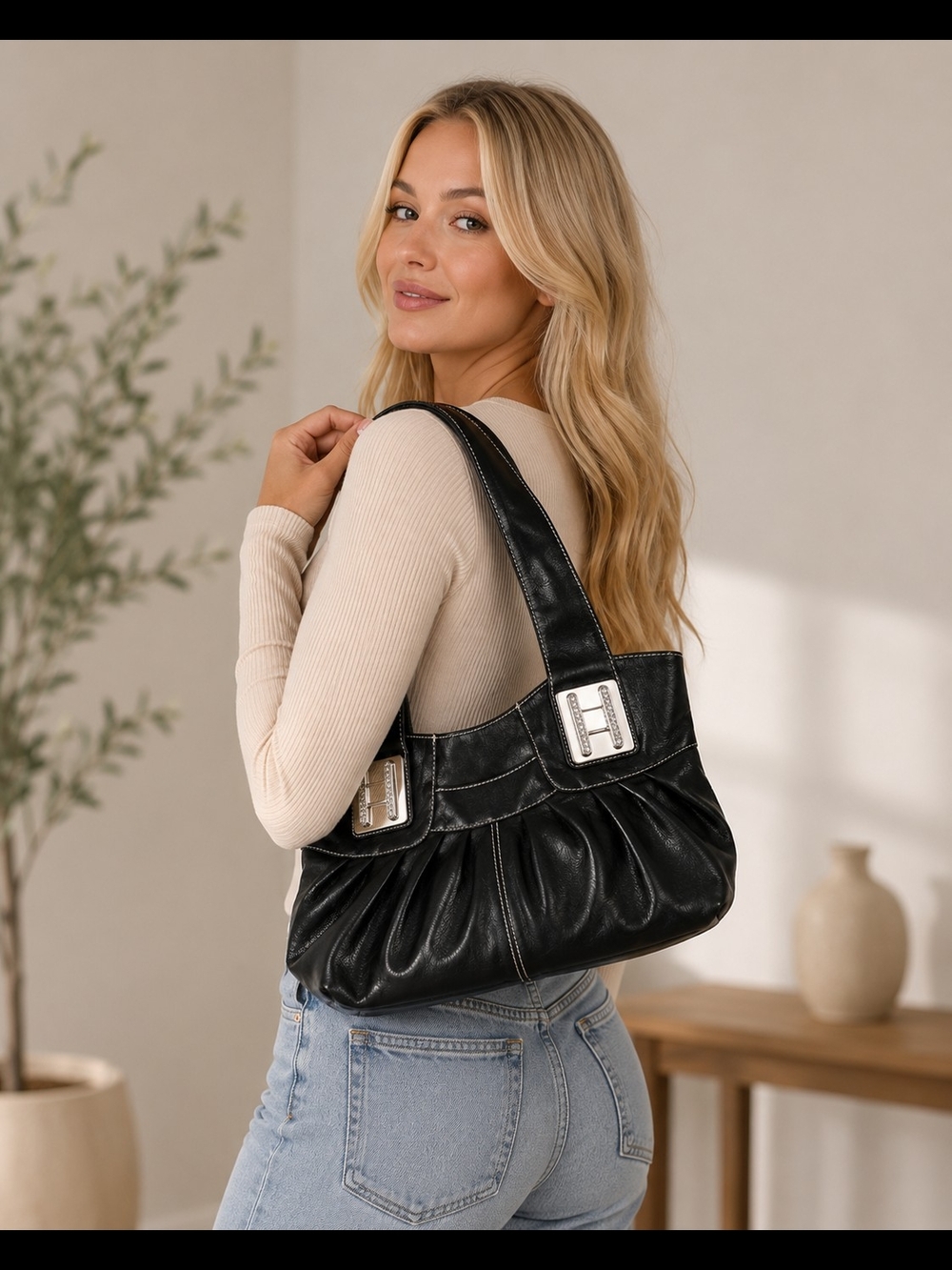 Black Shoulder Bag with Silver Hardware
